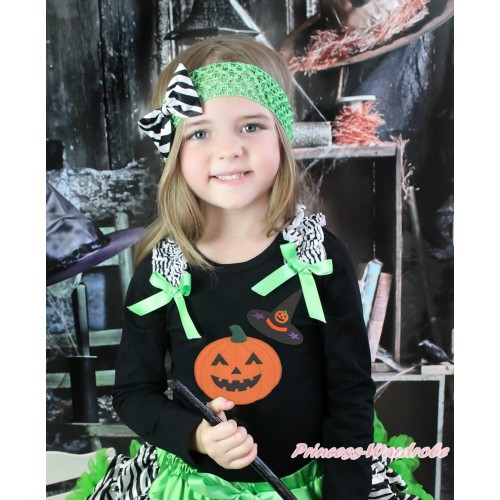 Halloween Black Long Sleeves Top Zebra Ruffles Dark Green Bow & Pumpkin Witch Hat & Pumpkin Print TO384
